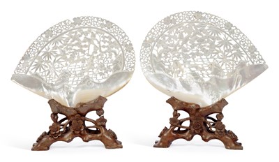 Lot 441 - A PAIR OF CHINESE CARVED MOTHER-OF-PEARL SHELL TABLE SCREENS