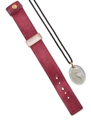 Lot 2223 - LALIQUE - A CRYSTAL NAIADE PENDANT, AND A CRYSTAL AND LEATHER BRACELET