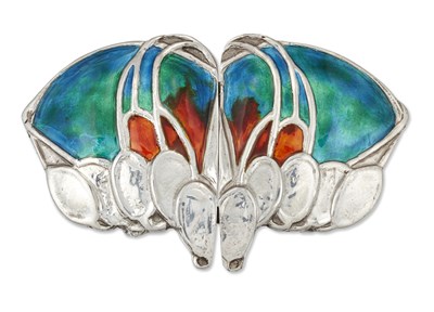 Lot 2240 - ARCHIBALD KNOX FOR LIBERTY & CO - A CYMRIC SILVER AND ENAMEL BUCKLE