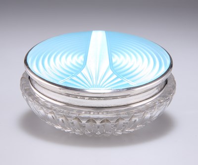 Lot 1456 - A GEORGE V SILVER AND GUILLOCHÉ ENAMEL-TOPPED GLASS POWDER JAR