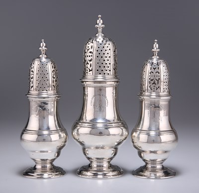 Lot 1104 - A GRADUATED SET OF THREE GEORGE II SCOTTISH SILVER CASTERS