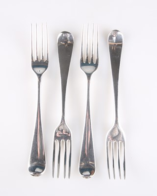 Lot 1243 - FOUR GEORGE III SILVER OLD ENGLISH PATTERN TABLE FORKS