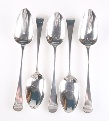 Lot 1129 - FIVE GEORGE III SILVER OLD ENGLISH PATTERN TABLESPOONS