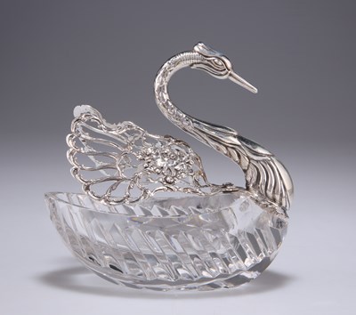 Lot 1323 - A GERMAN SILVER-MOUNTED GLASS SWAN-FORM BOWL