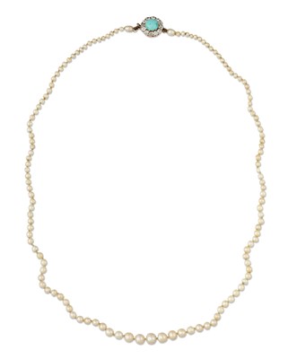 Lot 2159 - A NATURAL SALTWATER PEARL NECKLACE WITH A TURQUOISE AND DIAMOND CLUSTER CLASP
